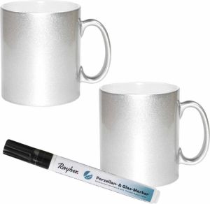Shoppartners 2x stuks zilveren drink mokken van keramiek met een zwarte porseleijn marker stift Maak uw eigen mokken
