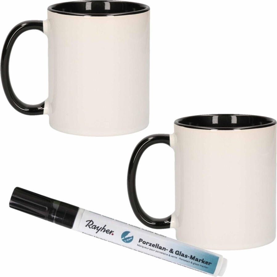 Shoppartners 2x stuks zwart witte drink mokken van keramiek met een zwarte porseleijn marker stift Maak uw eigen mokken