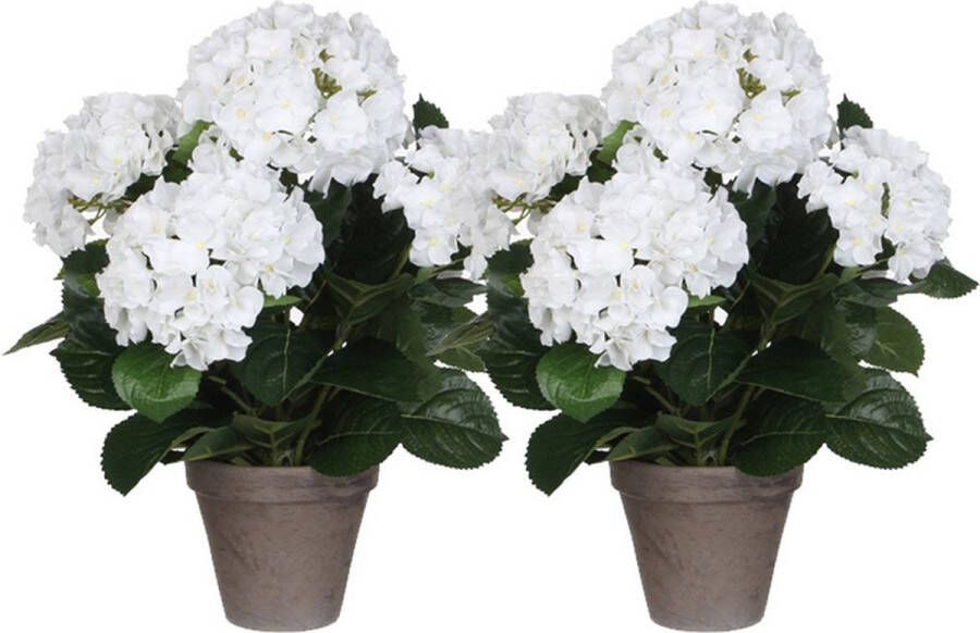 Shoppartners 2x Witte Hydrangea hortensia kunstplant 45 cm in grijze pot Kunstplanten nepplanten