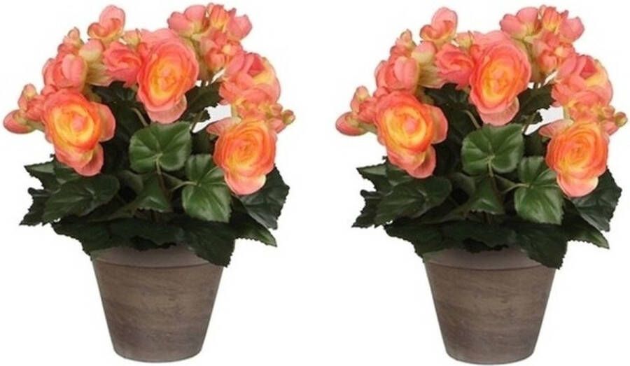 Merkloos 2x Zalmroze Begonia kunstplanten 30 cm met oranje bloemen en grijze pot Kunstplanten