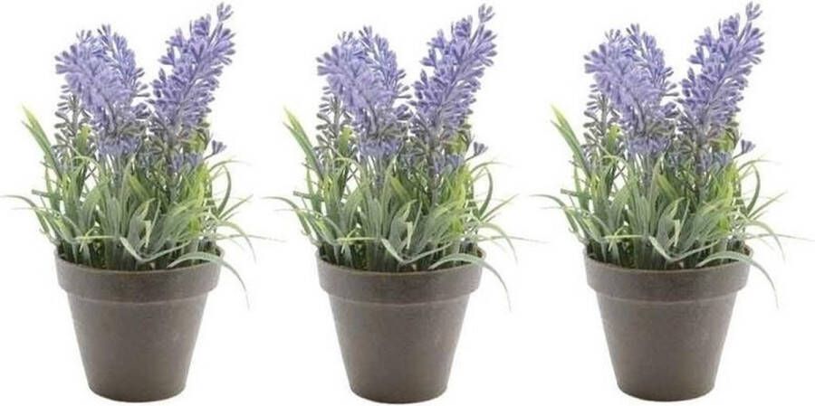 Bellatio Flowers & Plants 3x Groene Lavandula lavendel kunstplant 17 cm in zwarte plastic pot Kunstplanten nepplanten
