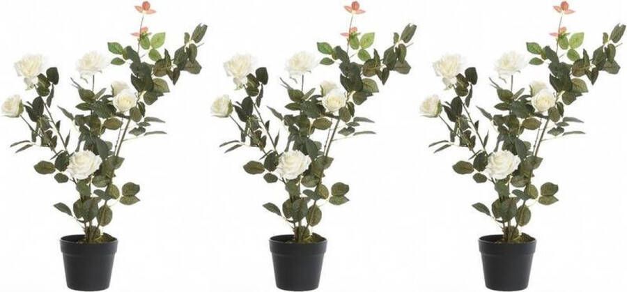 Bellatio Flowers & Plants 3x Groene witte Rosa rozenstruik kunstplanten 80 cm in zwarte plastic pot Kunstplanten nepplanten