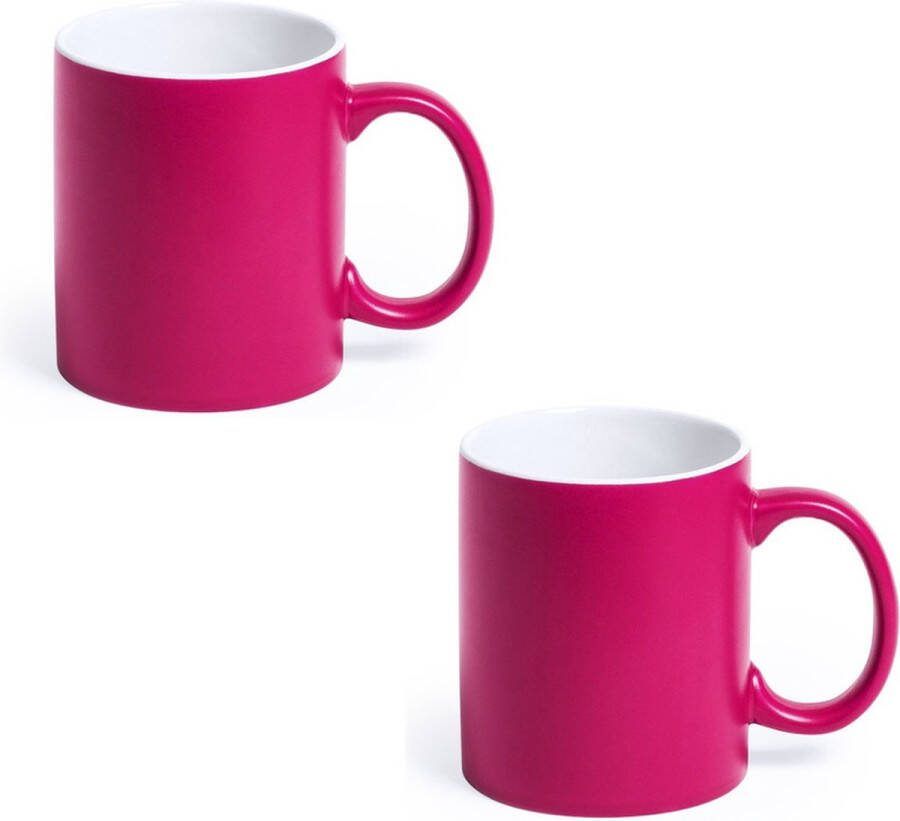 Shoppartners 4x Drinkbeker mok fuchsia wit 350 ml Keramiek Fuchsia mokken bekers voor onbijt en lunch