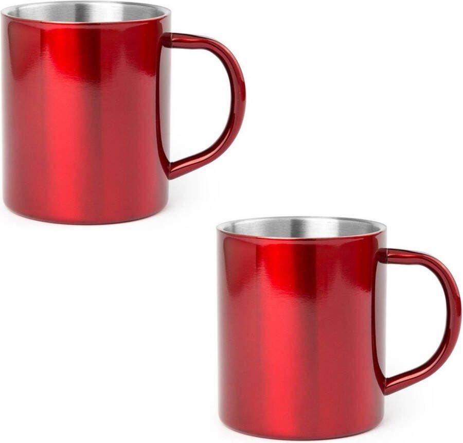 Shoppartners 4x Drinkbeker mok rood 280 ml RVS Rode mokken bekers voor onbijt en lunch