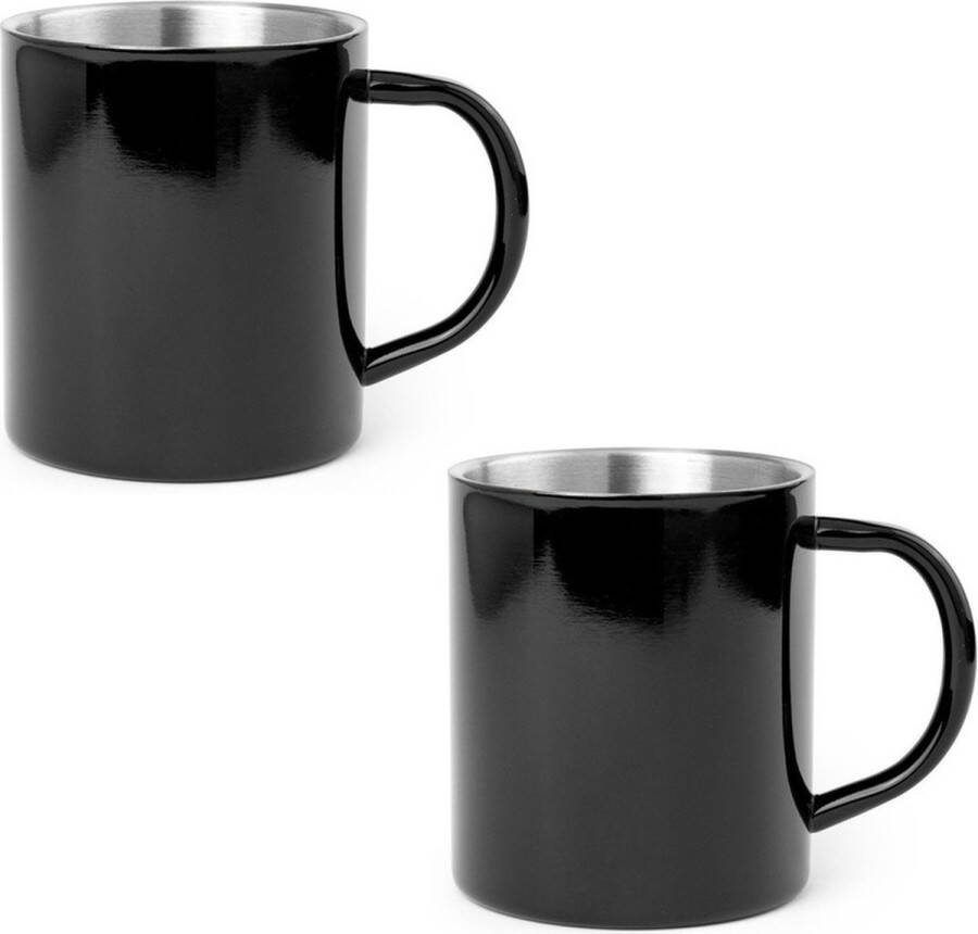 Shoppartners 4x Drinkbeker mok zwart 280 ml RVS Zwarte mokken bekers voor onbijt en lunch