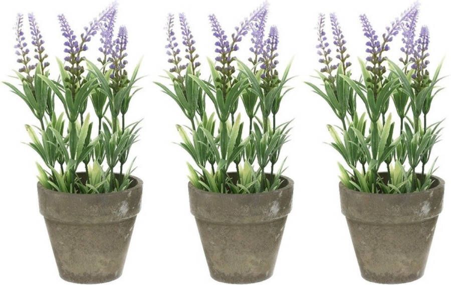 Shoppartners 4x stuks groene lilapaarse Lavandula lavendel kunstplant 25 cm in grijze betonlook pot Kunstplanten nepplanten
