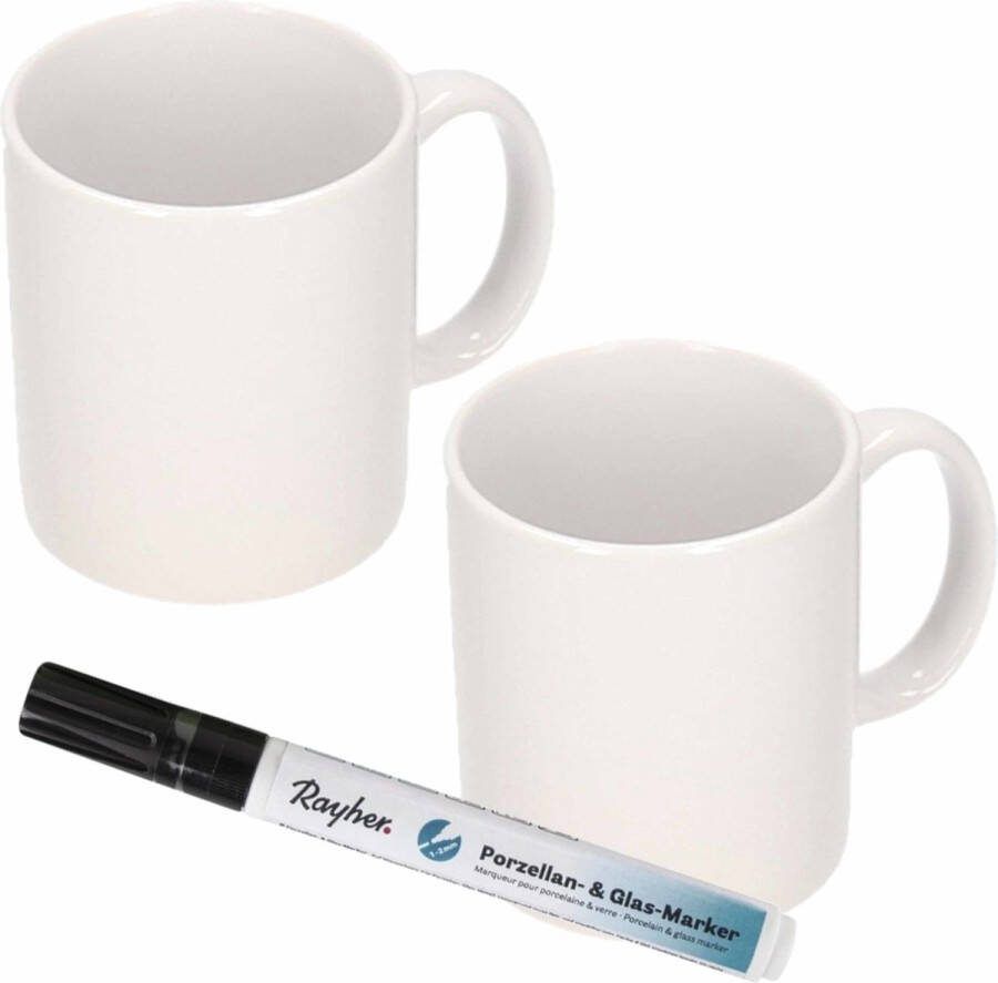 Shoppartners 6x stuks witte drink mokken van keramiek met een zwarte porseleijn marker stift Maak uw eigen mokken