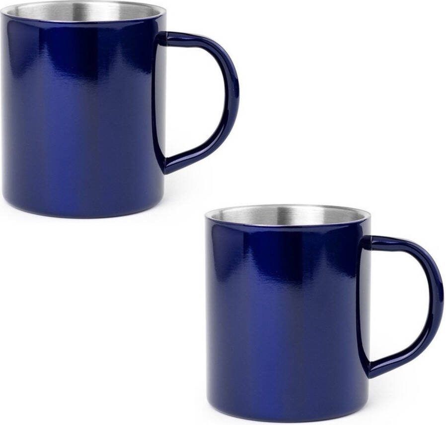Shoppartners 8x Drinkbeker mok blauw 280 ml RVS Blauwe mokken bekers voor onbijt en lunch
