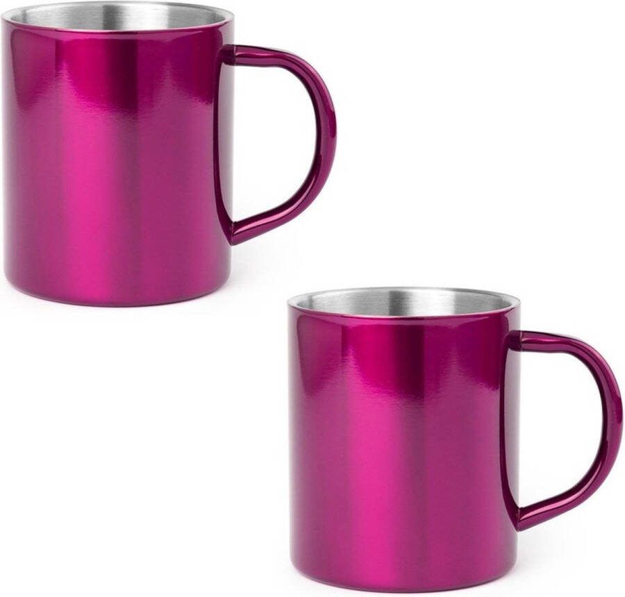 Shoppartners 8x Drinkbeker mok fuchsia 280 ml RVS Fuchsia mokken bekers voor onbijt en lunch