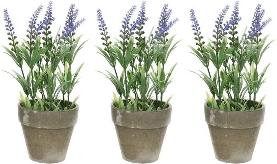 Shoppartners 4x stuks groene paarse Lavandula lavendel kunstplant 25 cm in grijze betonlook pot Kunstplanten nepplanten