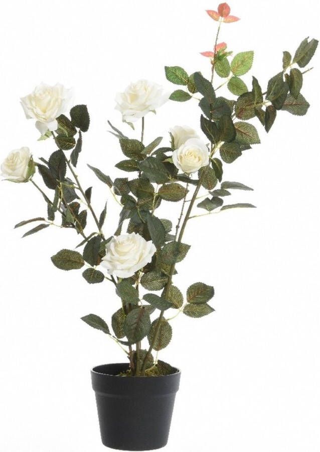 Shoppartners Groene witte Rosa rozenstruik kunstplant 80 cm in zwarte plastic pot Kunstplanten nepplanten