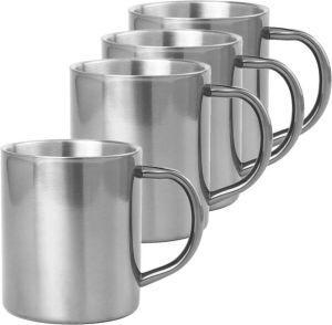 Shoppartners Set van 4x stuks koffie drinkbekers mokken zilver metallic RVS 280 ml Mokken bekers voor hete drankjes of outdoor