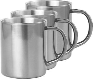 Shoppartners Set van 6x stuks koffie drinkbekers mokken zilver metallic RVS 280 ml Mokken bekers voor hete drankjes of outdoor