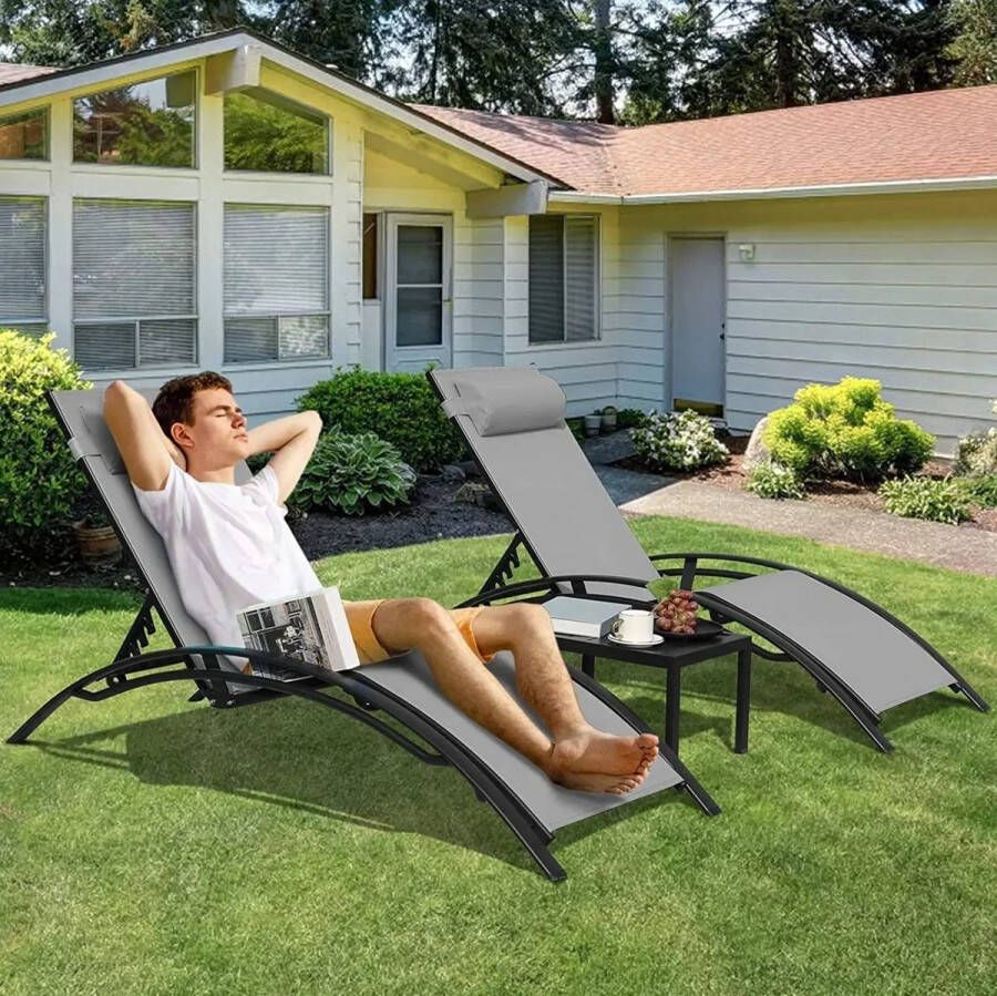 Shoppee 3 delige Ligstoelen set- Ligstoel Fauteuil Set Aluminium Chaise Lounges Tafel Ligstoel Met 5 Verstelbare Rugleuning Hoofdkussen