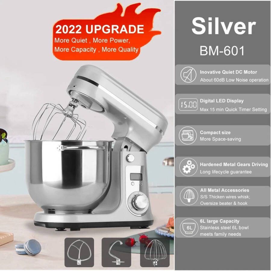 Shoppee 6L Foodprocessor Keukenmachine Voedsel Stand Mixer 1200W Dc Stille Motor Roestvrijstalen Kom 6-Speed -Crème Ei Garde zweep Deeg Kneader