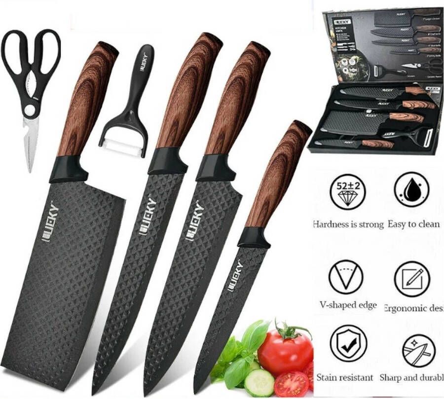 Shoppee Luxe keuken messen set Koks messen set Keuken Messen Sets Roestvrij Staal Gesmeed Keuken Koksmes Set Schaar Peeler Slicer Nakiri Schilmesje Diamant Patroon