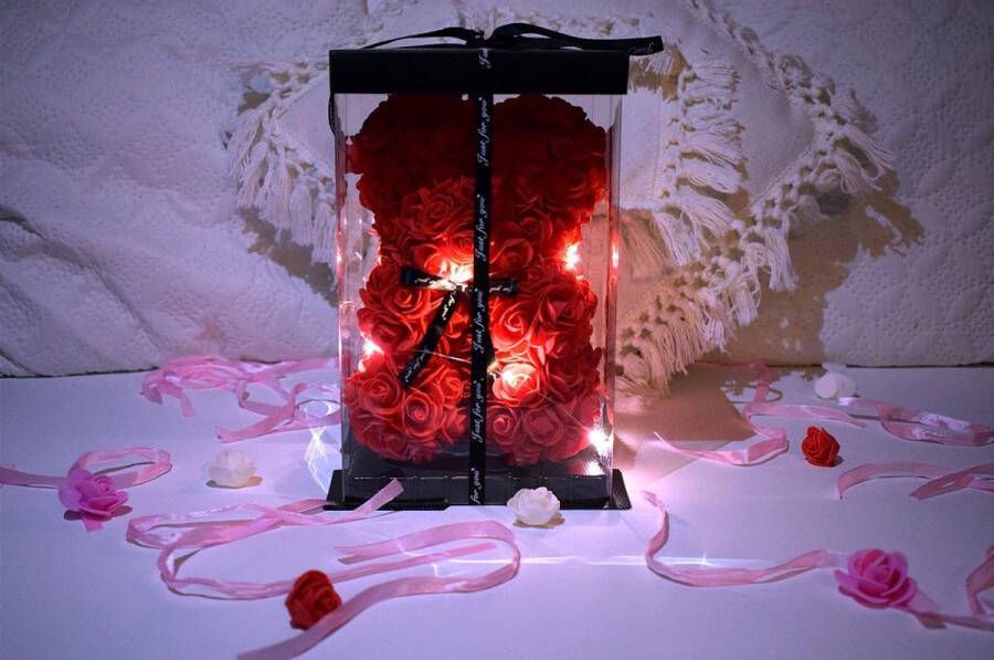 Shopping4All Rose bear- Rozen beer Valentijn cadeautje vrouw- Moederdag cadeautje- Teddy beer- 25 cm- Giftbox- LED verlichting- Rood