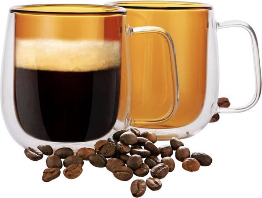 Shopproducts Luxe dubbelwandig theeglazen Thermische glazen met oor Dubbelwandige glazen Koffieglazen Theeglas Cappuccino glazen Latte macchiato glazen 300 ml 2 stuks Bruin karamel