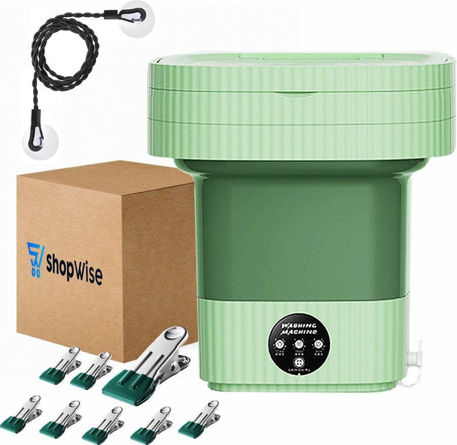 ShopWise Mini Wasmachine Opvouwbaar Energiezuinig Incl. 8 Knijpers en Waslijn NIEUW model Studenten en Campings Wasmachine 10 Liter 3 Standen Krachtige Motor Complete Set Groen