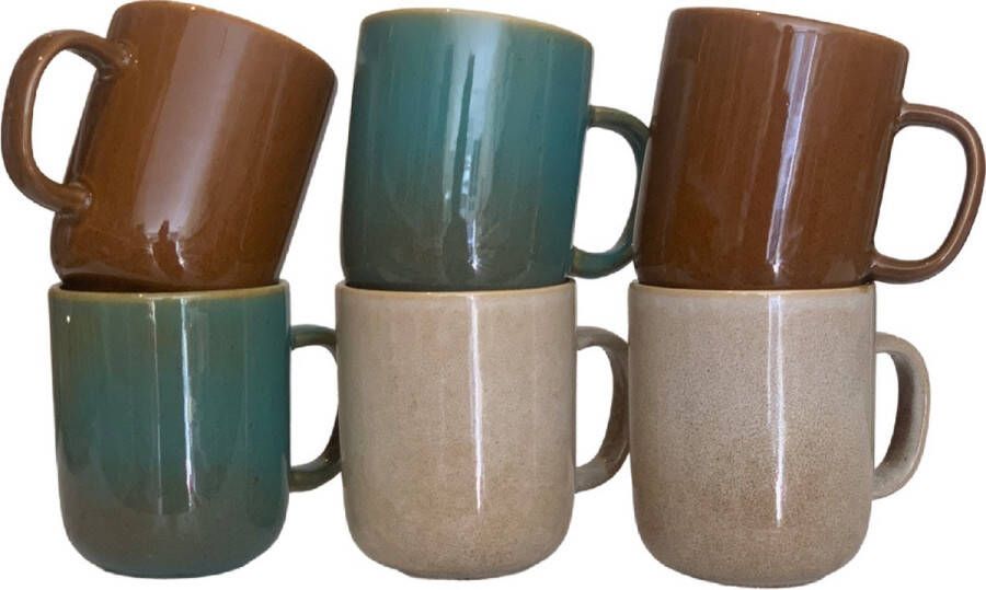 Siaki Herfst servies aardewerken mokken set van 6 met reactief glazuur in 3 herfsttinten 350 ml