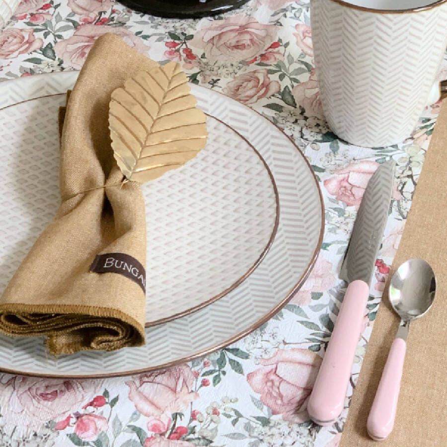 Siaki ontbijtbord 20 cm aardewerk crème met reliëf en bronzen rand SET van 4