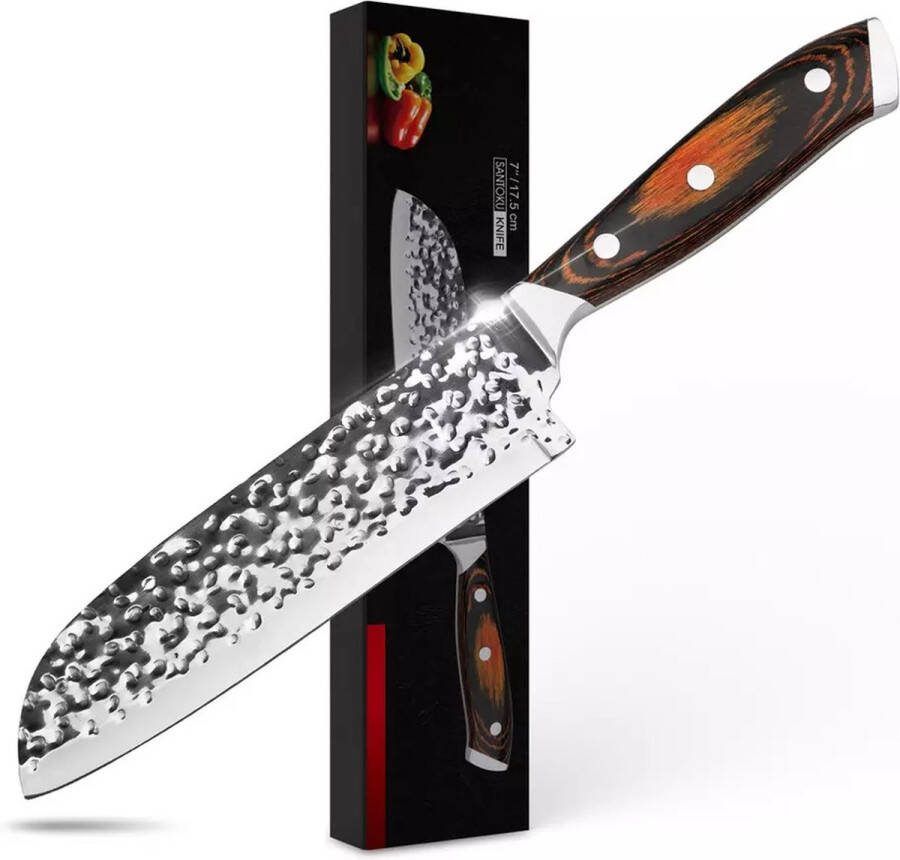 Norras SIDANO Japans Santokumes 17 CM Keukenmes koksmes van hoogwaardig High carbon staal Santoku Ergonomisch Houten Handvat