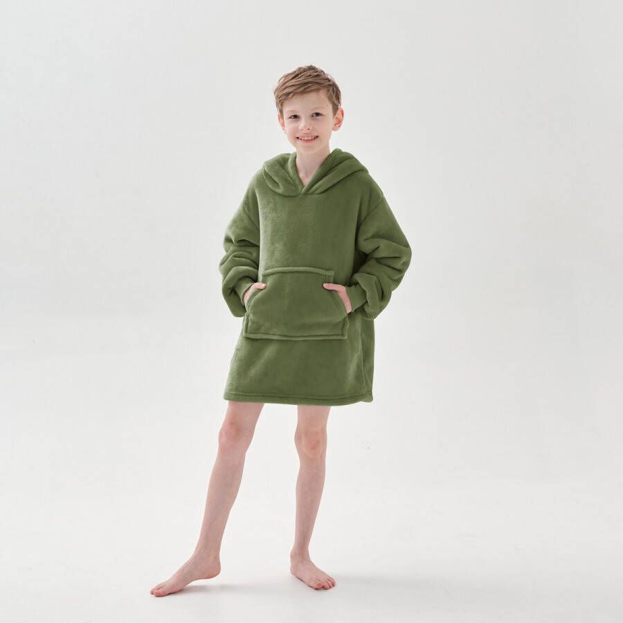 Dutch Decor JUNIOR Hoodie voor kinderen groen superzachte stof met buidel en capuchon teddy binnenvoering Fleece kinder poncho cadeautip!