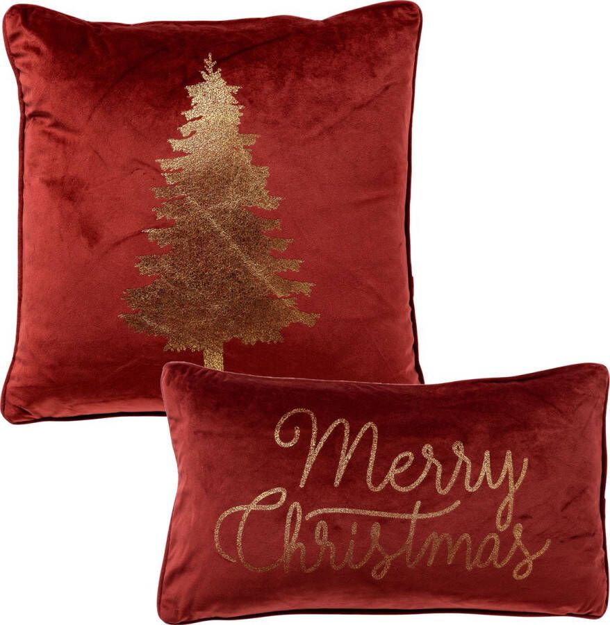 Dutch Decor Set van 2 kerst sierkussens rood en goud 1x TREE 1x MERRY CHRISTMAS inclusief polyester vulling zachte stoffen sfeerkussens