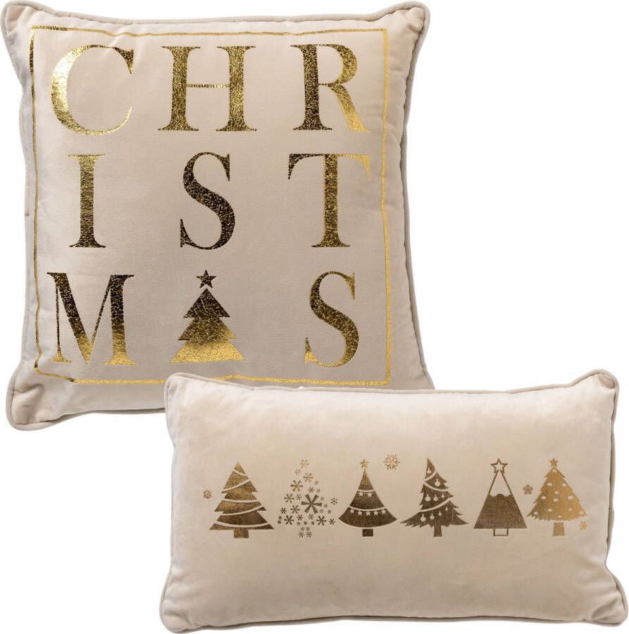 Dutch Decor Set van 2 kerst sierkussens wit en goud 1x CHRISTMAS 1x TREES inclusief polyester vulling zachte stoffen sfeerkussens