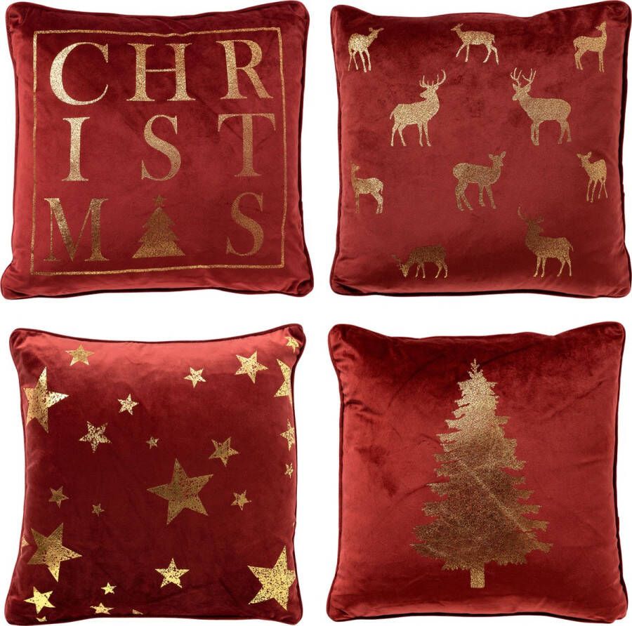 Dutch Decor Set van 4 kerst sierkussens rood goud 1x CHRISTMAS 1x DEER 1x TREE 1x STARS inclusief polyester zachte stoffen sfeerkussensvulling