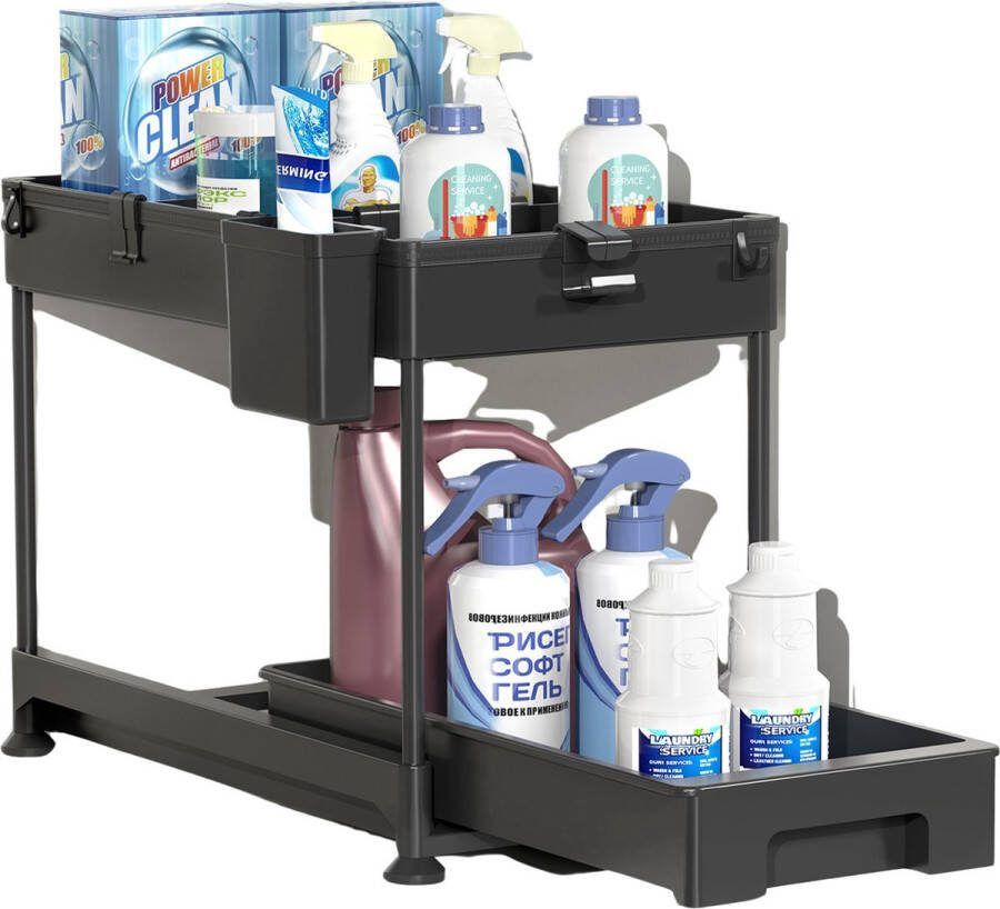 Sierra Gootsteenorganisers Non-slip Uitschuifbare lade Haken Multifunctioneel Organiser onder de Gootsteen Keuken Badkamer Slaapkamer Opbergen van Schoonmaakmiddelen Kruiden Make Up Bureau Zwart