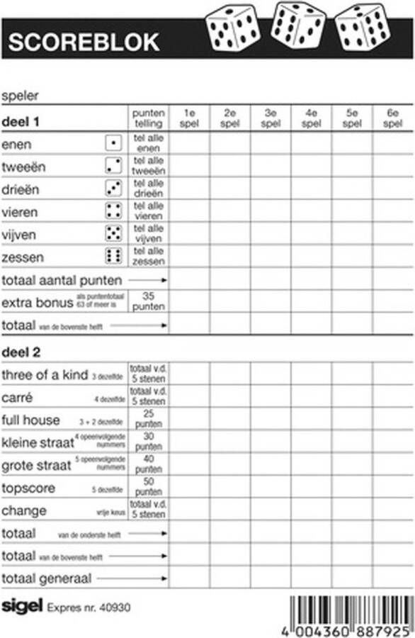 Sigel 3x Scoreblokken Yahtzee 100 vellen Familiespellen Dobbelspellen Dobbelspel Scoreblokken scorekaarten Score notitieblok