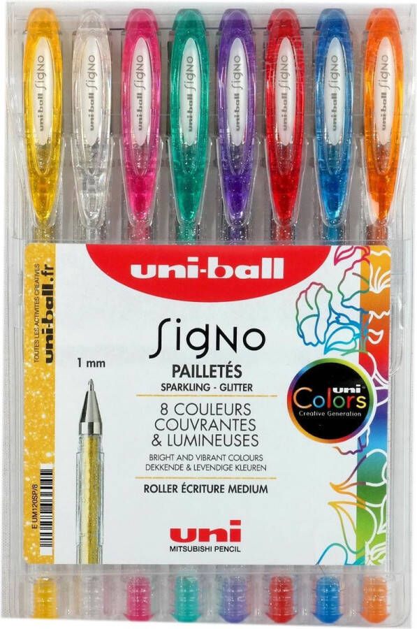 Signo Glitter Uni-Ball Roller Signo Sparkling Glitter gelpen set – 8 stuks