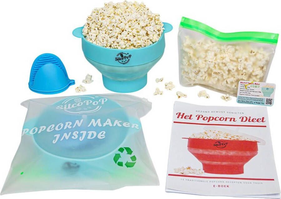 SilcoPoP 4in1 Popcorn Maker Bundle Blauw Siliconen Popcorn Popper Simpel & Opvouwbaar