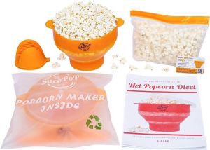 SilcoPoP 4in1 Popcorn Maker Bundle Orange Siliconen Popcorn Popper Simpel & Opvouwbaar