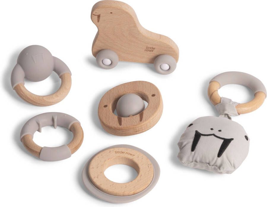 Silibaby Houten speelgoed met silicone voor baby Bij doorkomende tandjes Bijtring Kraamcadeau Veilig bijtspeelgoed Voordeelpakket set van 6 stuks Grijs