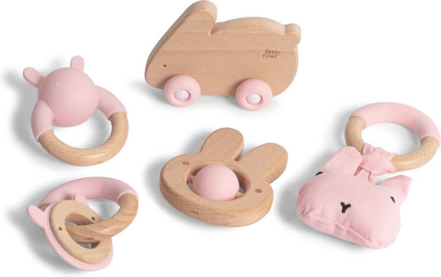 Silibaby Houten speelgoed met silicone voor baby Bij doorkomende tandjes Bijtring Kraamcadeau Veilig bijtspeelgoed Voordeelpakket set van 5 stuks Roze