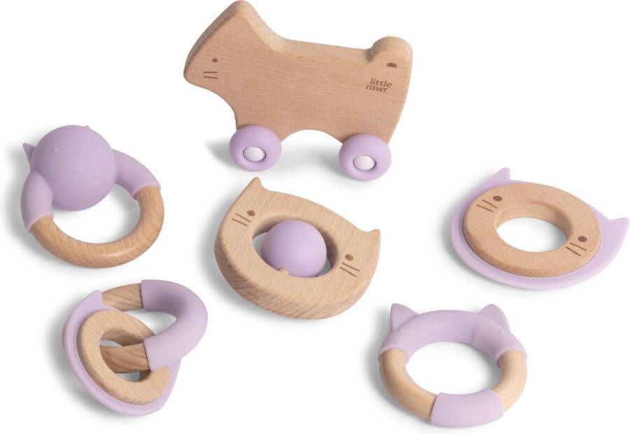 Silibaby Houten speelgoed met silicone voor baby Bij doorkomende tandjes Bijtring Kraamcadeau Veilig bijtspeelgoed Voordeelpakket set van 6 stuks Paars