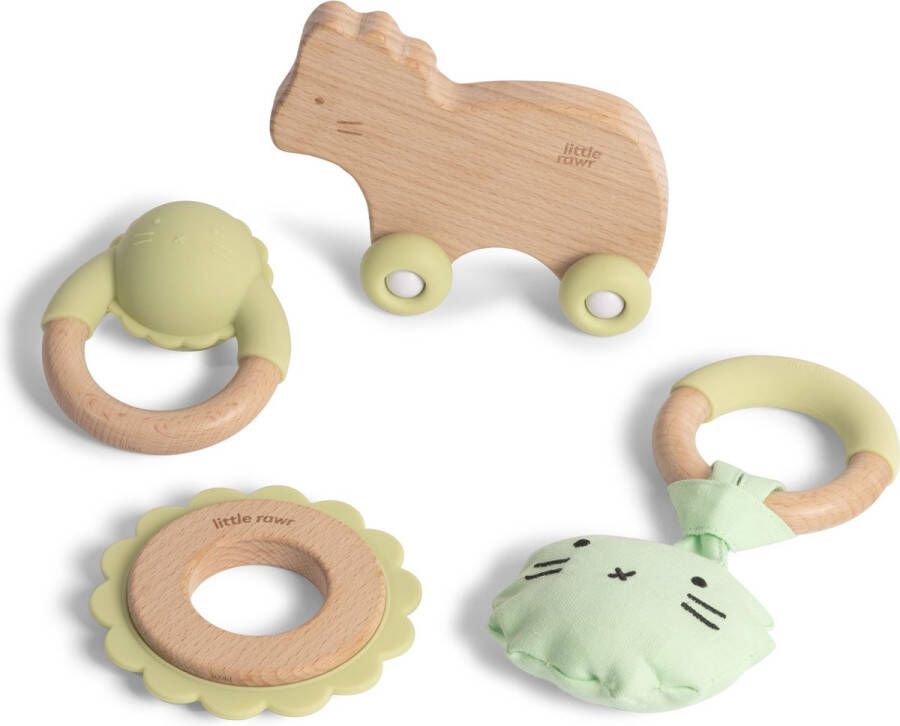Silibaby Houten speelgoed met silicone voor baby Bij doorkomende tandjes Bijtring Kraamcadeau Veilig bijtspeelgoed Voordeelpakket set van 4 stuks Groen