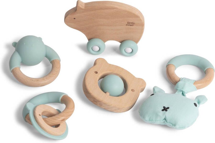 Silibaby Houten speelgoed met silicone voor baby Bij doorkomende tandjes Bijtring Kraamcadeau Veilig bijtspeelgoed Voordeelpakket set van 5 stuks Blauw