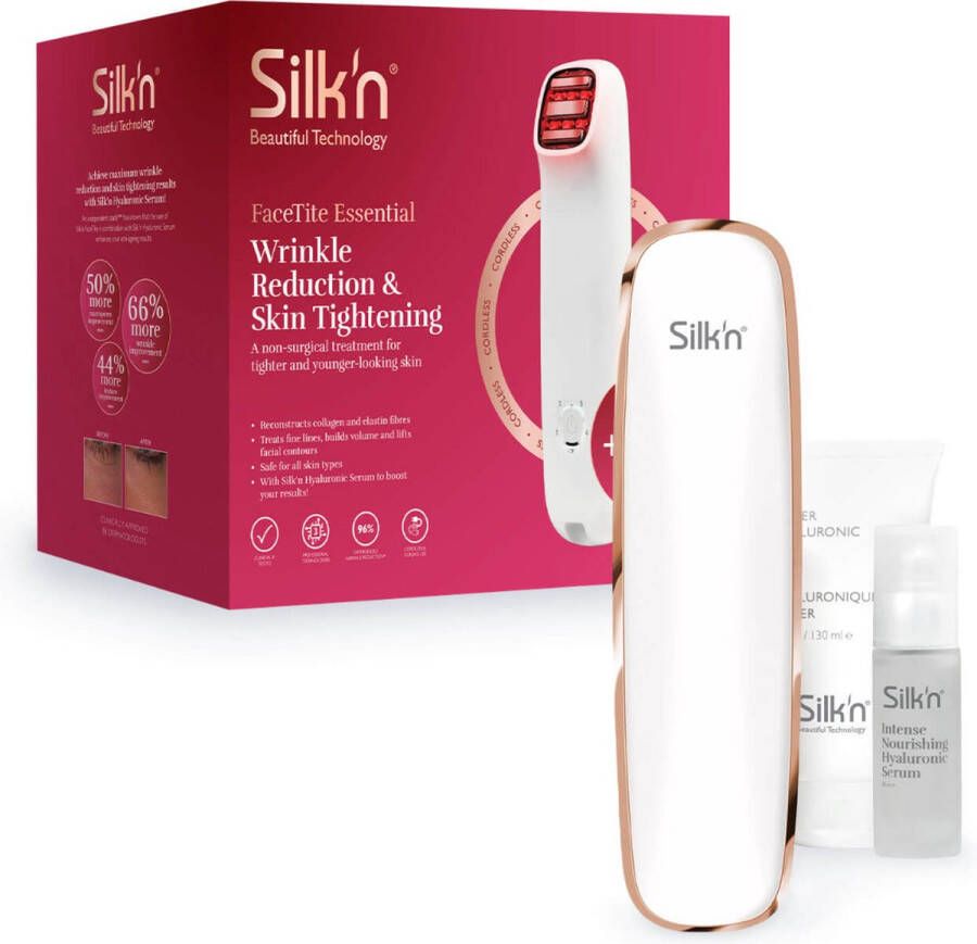 Silk'n FaceTite Essential Draadloze huidverjongingsapparaat Microdermabrasie Rimpelvermindering & huidverstrakking Herstelt collageen- en elastinevezels Pakket met Silk n Hyaluronic Serum