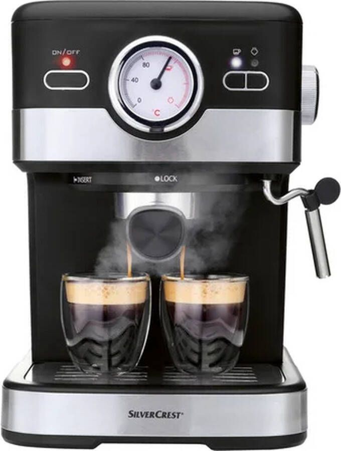 SILVERCREST Espressomachine 1100 W Pistonmachine Inhoud: max. 1 5 l 2 zeefinzetstukken voor 1 of 2 kopjes Krachtige pompdruk van 15 bar Draaibaar 2-in-1 hogedrukstoommondstuk