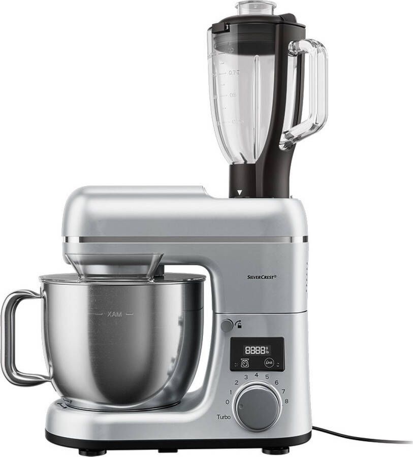 SILVERCREST Keukenmachine Met geïntegreerde weegschaal voor het wegen in de mengkom Vermogen: 900 W Mengkom: 3 6 L Mixkan: 1 L Deeghaak en garde met Teflon -antiaanbaklaag Mixer-opzet met RVS mes en deksel met vulopening