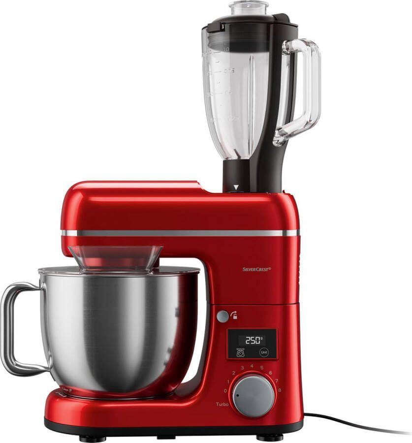 SILVERCREST Keukenmachine Vermogen: 900 W Mengkom: 3 6 L Standen: 8 + turbo Rood Met geïntegreerde weegschaal voor wegen in de mengkom Kneedhaak met Teflon antiaanbaklaag Blenderopzetstuk met RVS mes