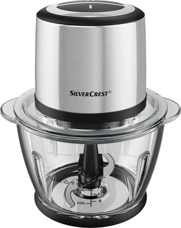 SILVERCREST KITCHEN TOOLS RVS multihakker Hakmolen Inhoud: ca. 1 2 l Snelheden: 2 Voor groenten fruit kruiden noten en nog veel meer Mesinzet met 2 roestvrij staal-messen Mengkom van glas