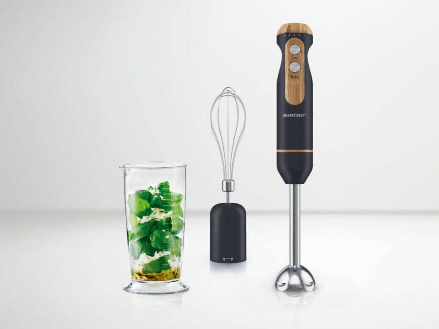 SILVERCREST Staafmixer 2-in-1: mixen en pureren Vermogen: 600 W Incl.: maatbeker Blauw 2-in-1: voor mixen en pureren Turboknop voor krachtige impulsmixing Hulpstukken gemaakt van RVS