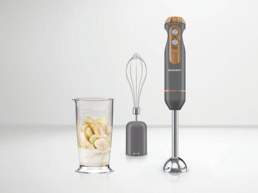 SILVERCREST Staafmixer 2-in-1: mixen en pureren Vermogen: 600 W Incl.: maatbeker Grijs 2-in-1: voor mixen en pureren Turboknop voor krachtige impulsmixing Hulpstukken gemaakt van RVS