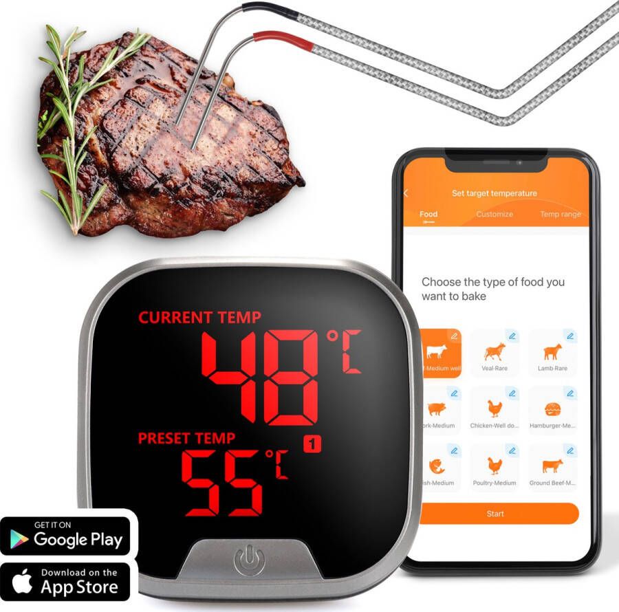 Silvergear BBQ Thermometer Draadloos Vleesthermometer Bluetooth 40M BBQ temperatuurmeter 250 C