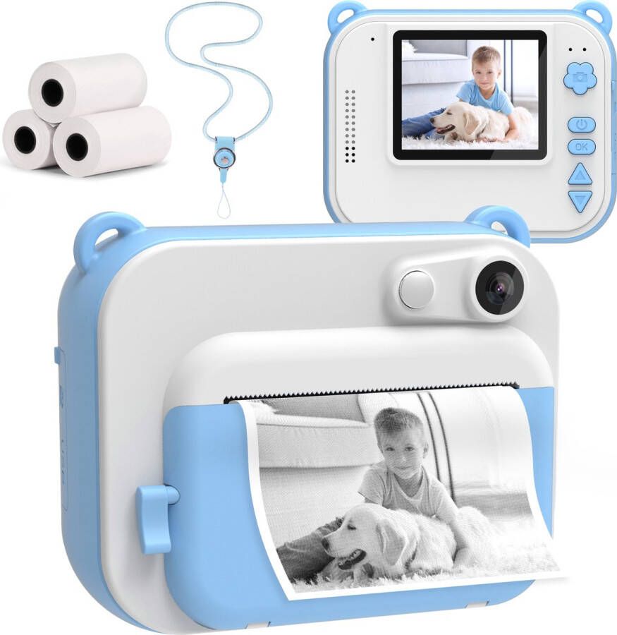 Silvergear Digitale Kindercamera Blauw Mini Printer Pocket Printer Mobiele Fotoprinter Kids Camera Thermische Printer Met Video 4 Spellen Timer en Muziek