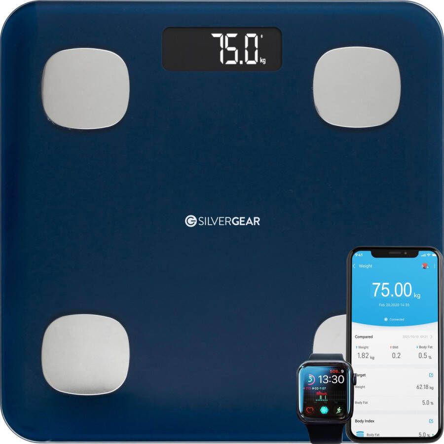 Silvergear Bluetooth Personenweegschaal Met zeer volledige Lichaamsanalyse met Vetpercentage – Inclusief Analyse App – Midnight Blue